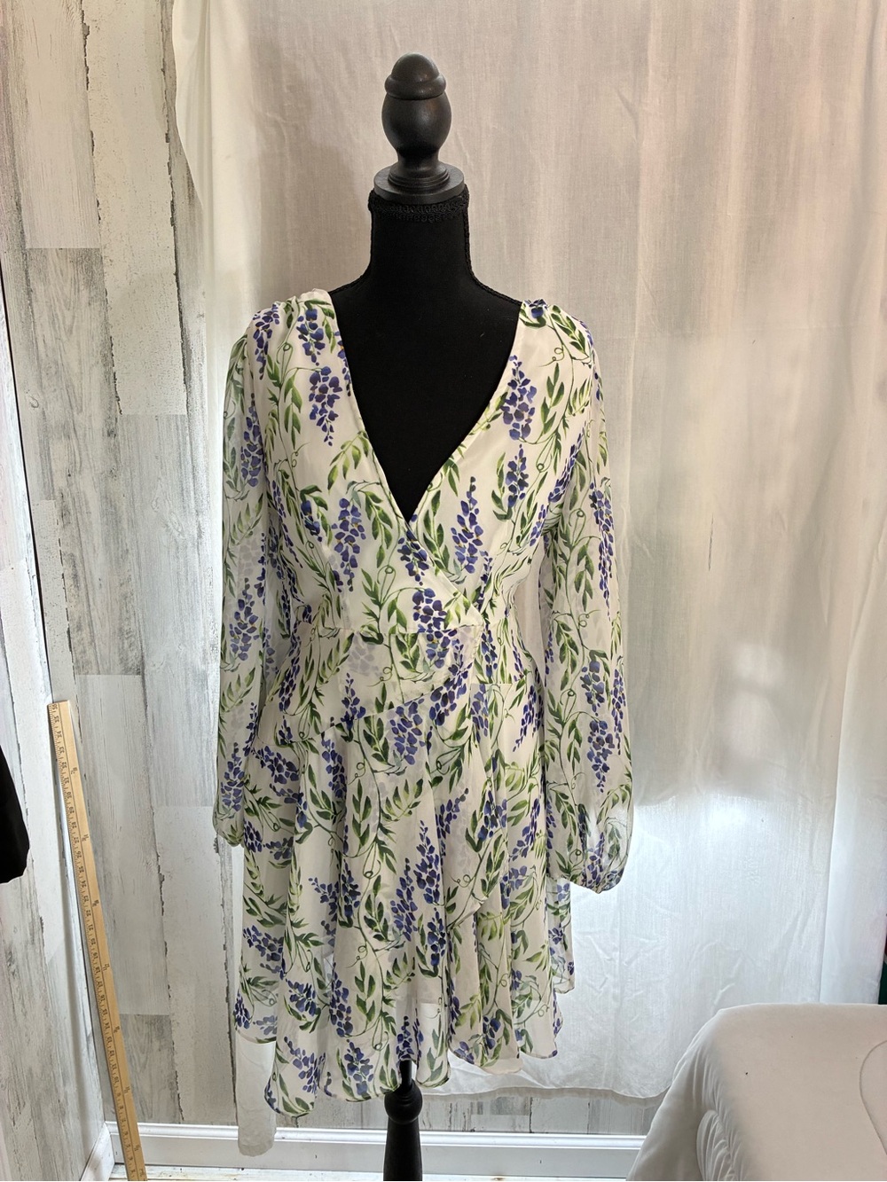 White Floral Wrap Long Sleeve Dress with Lavender Sprig Print